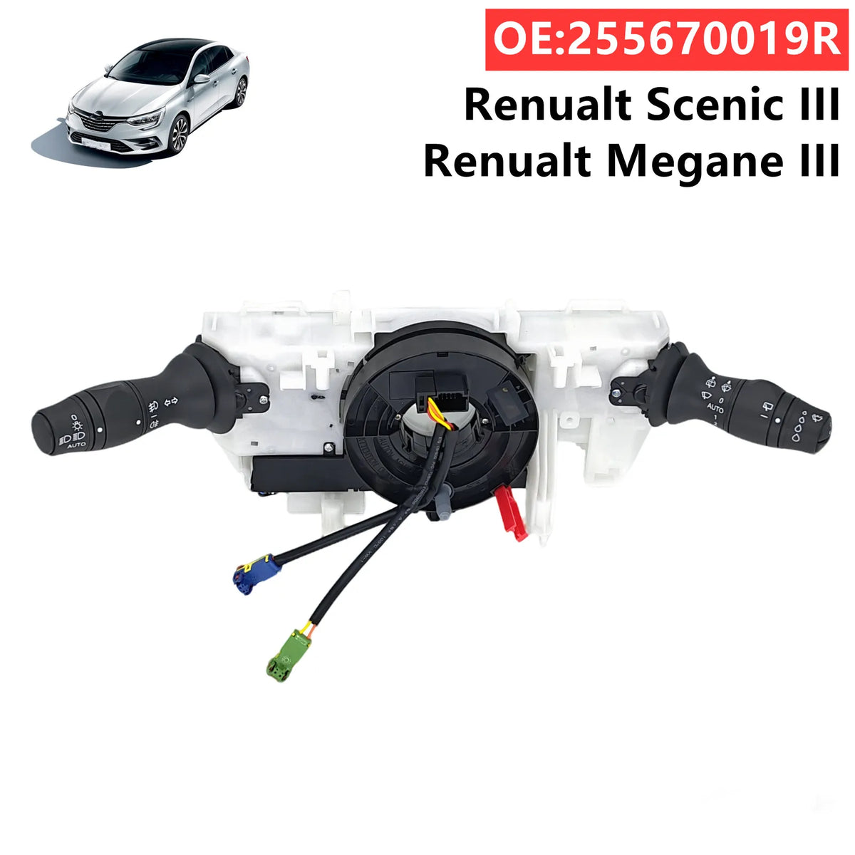 Commutateur combiné de clignotants et d'essuie-glaces au volant pour Renault Megane III et Scenic III (2008-2016) - Référence : 255670019R